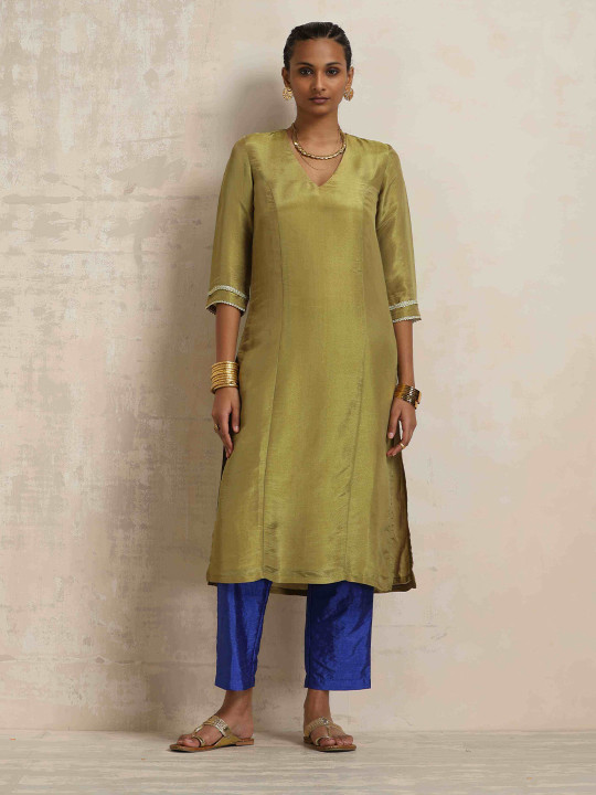 trueBrowns Tissue Straight Kurta with Trousers