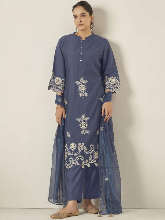 Anouk Floral Embroidered Regular Thread Work Chanderi Silk Kurta & Trousers & Dupatta