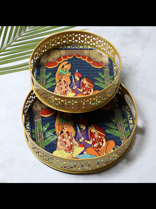 Amaya Decors 2 Pieces Gold-Toned & Blue Printed Round Metal Serving Tray