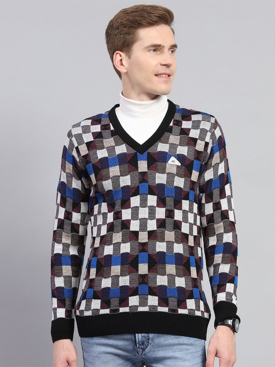 Monte Carlo Men Checked V - Neck Woollen Pullover Sweater