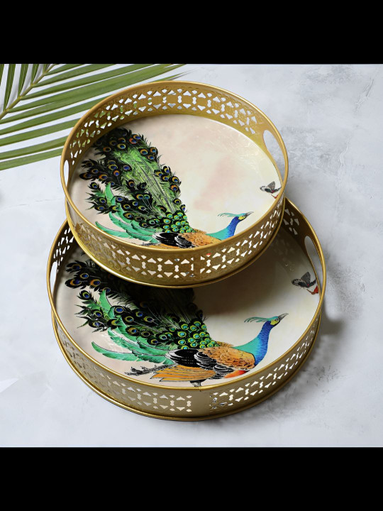 Amaya Decors Gold-Toned & Green 2 Pieces Peacock Printed Round Metal Serving Tray