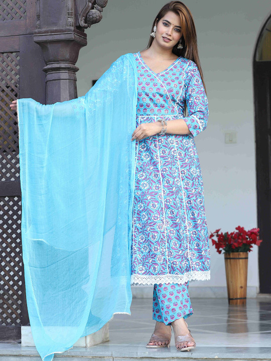 SINGNI Women Ethnic Motifs Printed Angrakha Pure Cotton Kurta with Trousers & With Dupatta