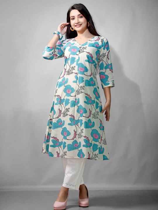 NE STYLE Floral Printed Cotton A-Line Kurta