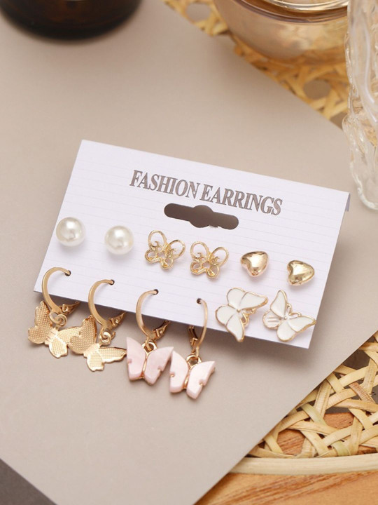 Pinapes Set Of 15 Gold-Plated Butterfly & Pearl Studs & Hoop Earrings