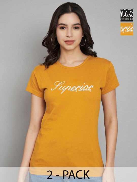 Trend Level Women Pack Of 2 Typography Printed Round Neck Cotton T-shirts