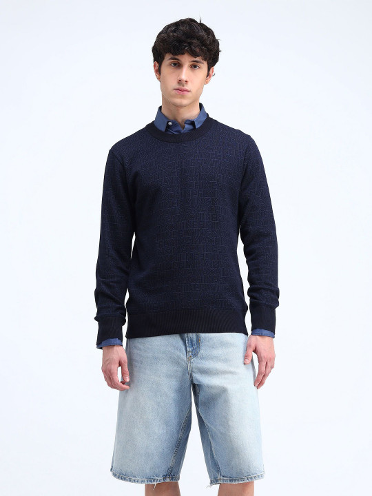 Flying Machine Men Typography Printed Round Neck Pure Cotton Pullover Sweater