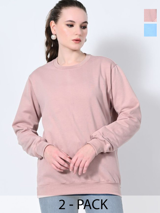BAESD Women Pack Of 2 Solid Round Neck Fleece Pullover Sweatshirts