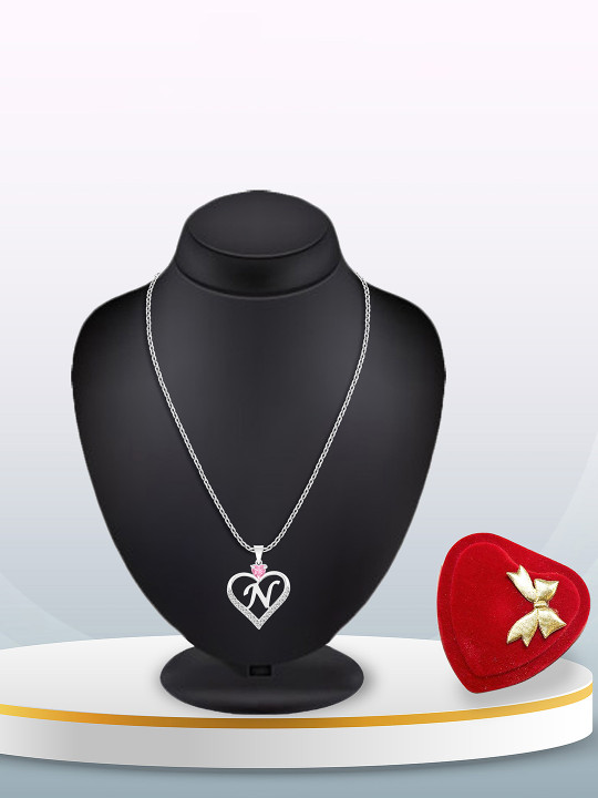 Heer Collection Silver-Plated CZ Studded Alphabet 'N' Heart Shaped Pendant & Chain