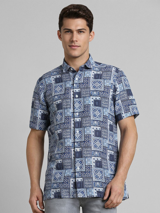 SIMON CARTER LONDON Men Spread Collar Abstract Printed Linen Casual Shirt