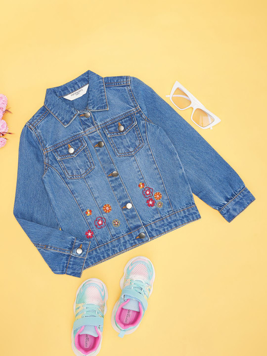 Pantaloons Junior Girls Floral Crop Denim Jacket with Embroidered