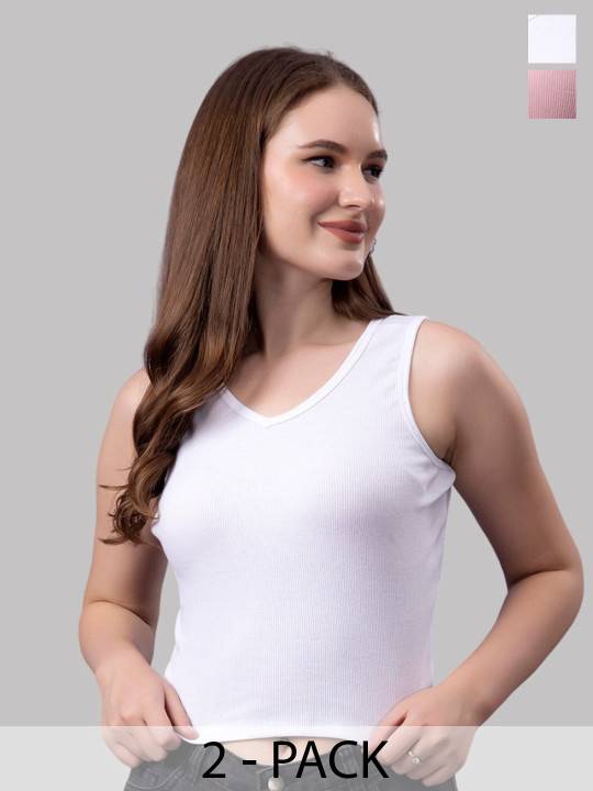 Friskers Women Pack Of 2 Solid V-Neck Cotton Tops