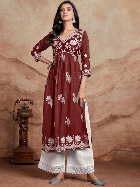 KALINI Floral Embroidered V Neck Chikankari A Line Kurta