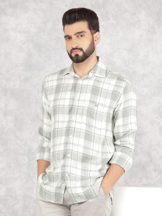 Crimsoune Club Men Smart Spread Collar Tartan Checked Cotton Slim Fit Casual Shirt