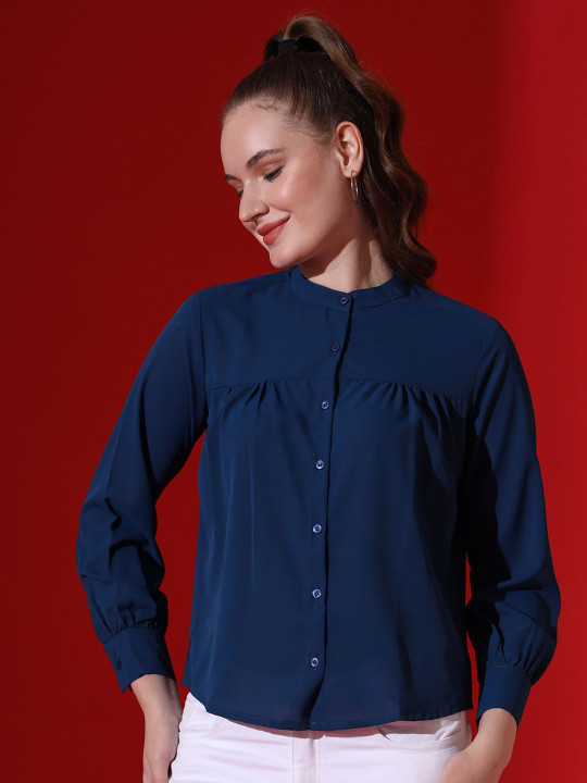 FITHUB Women Band Collar Solid Polycotton Casual Shirt