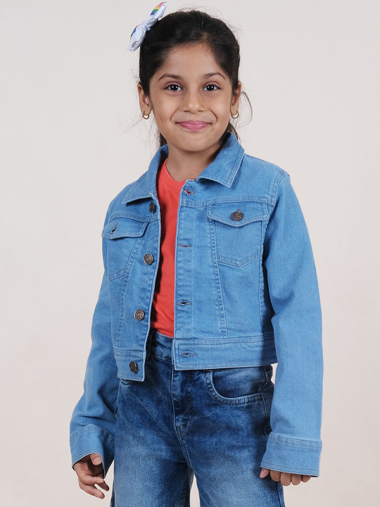 KiddoPanti Girls Solid Denim Jacket