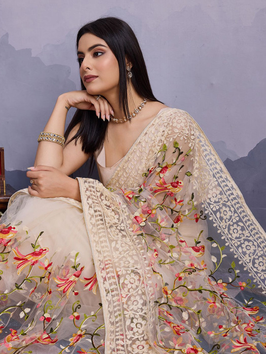 VAIRAGEE Floral Embroidered Net Saree