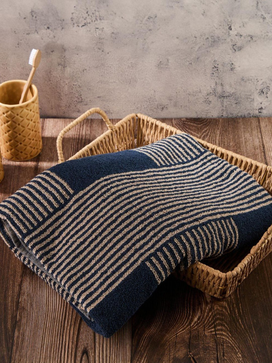 Fabindia Navy Blue & Beige Striped Cotton 570 GSM Hand Towel