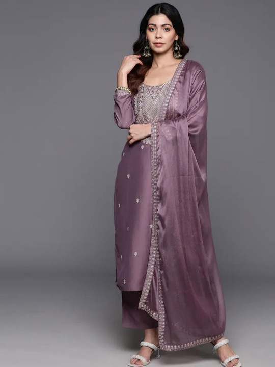 KALINI Floral Embroidered Thread Work Chanderi Silk Straight Kurta With Trousers & Dupatta
