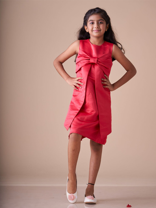 KidsDew Girls Bow Detailed Satin A-Line Dress