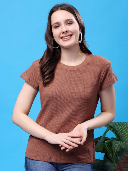 Friskers Women Solid Round Neck Cotton Slim Fit T-shirt