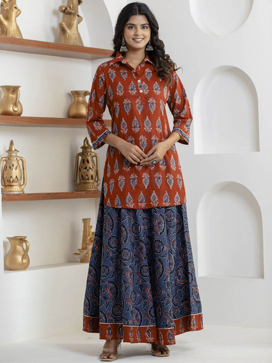 KANNAHI Ethnic Motifs Printed Shirt Collar Pure Cotton Gotta Patti Kurta With Skirt