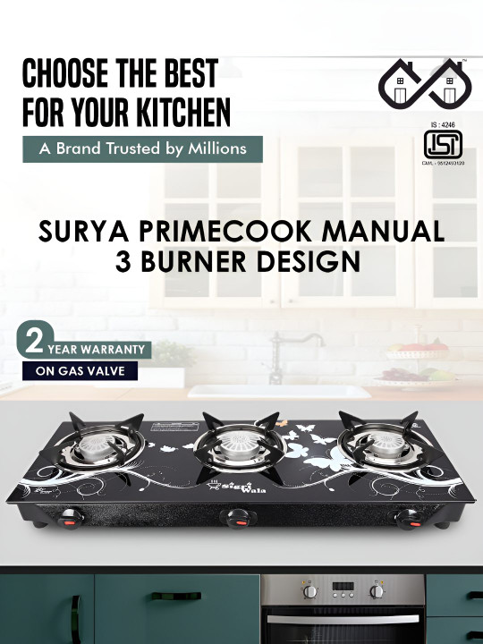 Sigri-wala Black Glass 3 Burners Manual Gas Stove