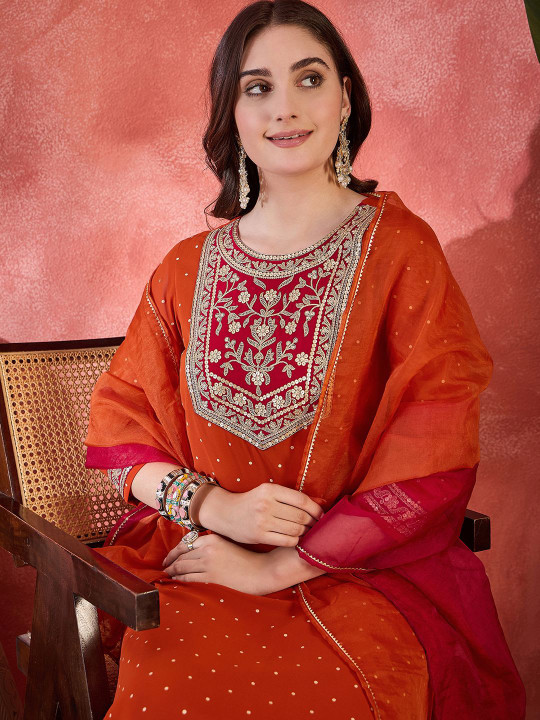 Sangria Polka Dots Printed V-Neck Thread Work Georgette Kurta With Trousers & Dupatta