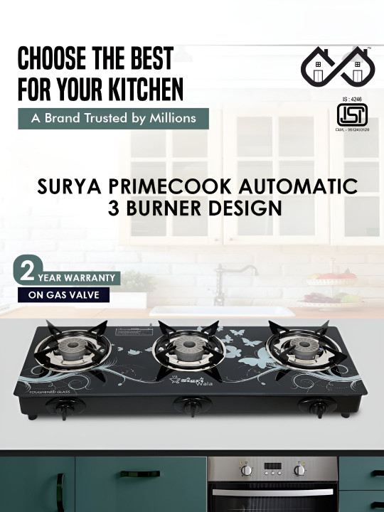 Sigri-wala Black Glass 3 Burners Automatic Gas Stove