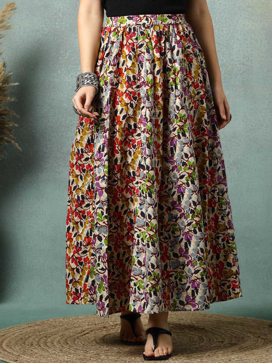 SUNEKH Floral Printed Cotton Flared Maxi Skirt
