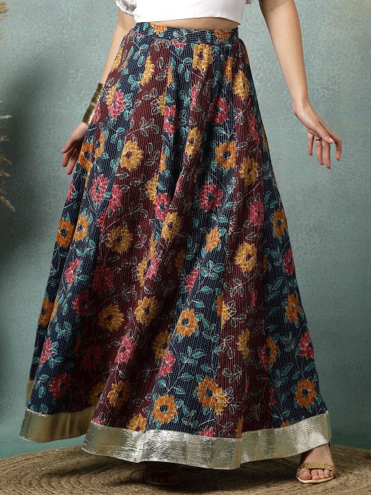 SUNEKH Floral Printed Cotton Flared Maxi Skirt