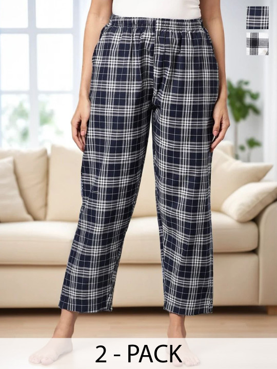 Kryptic Pack Of 2 Checked Pure Cotton Mid-Rise Lounge Pants