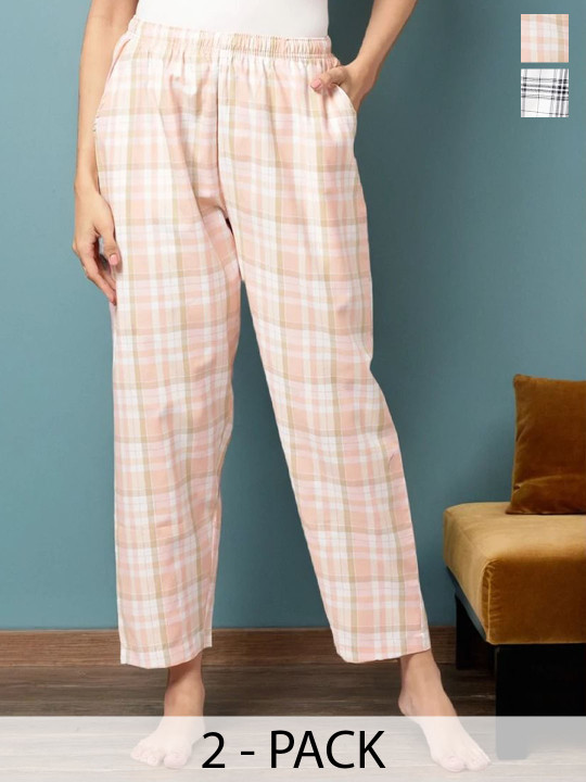 Kryptic Pack Of 2 Checked Pure Cotton Mid-Rise Lounge Pants