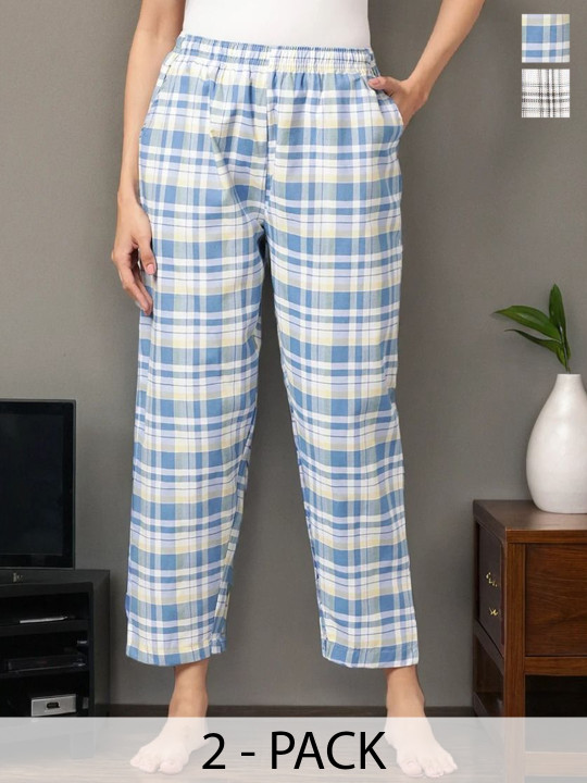 Kryptic Pack Of 2 Checked Pure Cotton Relaxed Fit Lounge Pants