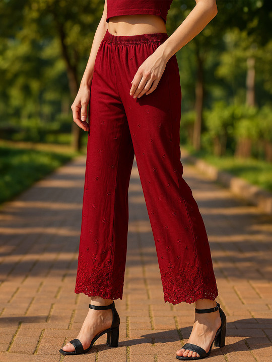Miaz Lifestyle Women Ethnic Motifs Embroidered Knitted Ethnic Palazzos