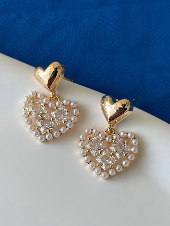 VAGHBHATT Gold-Plated Pearls Studded Heart Shaped Drop Earrings