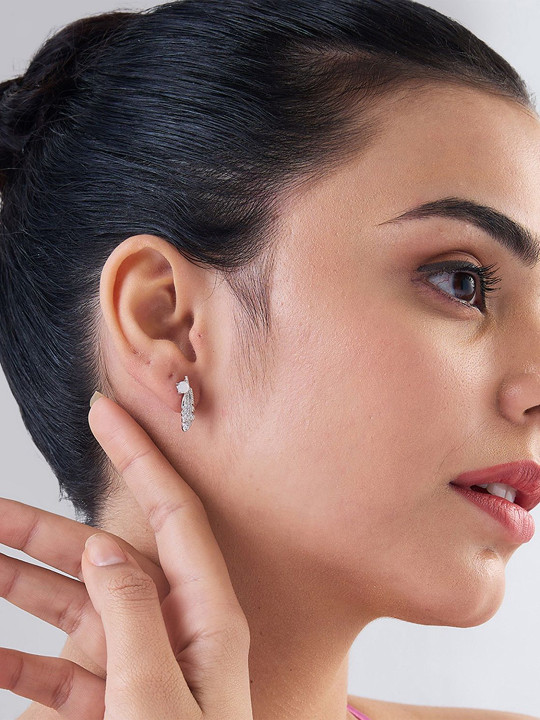 MAIRA 925 Sterling Silver Rhodium-Plated Cubic Zirconia Studded Contemporary Shaped Studs