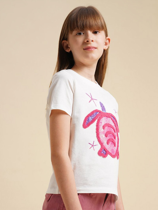 Vero Moda Girls Graphic Printed Embellished Round Neck Cotton T-shirt
