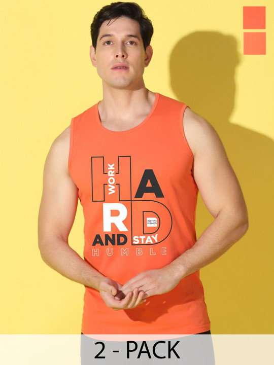 WOOSTRO Pack Of 2 Printed Combo Cotton Innerwear Vests VWS26(HARD ORANGE)(PLAIN ORANGE)
