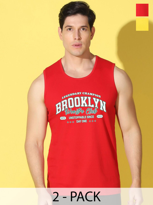 WOOSTRO Pack Of 2 Printed Combo Cotton Scoop Neck Gym Vests VWS26(BKLN RED)(MORE YELLOW)