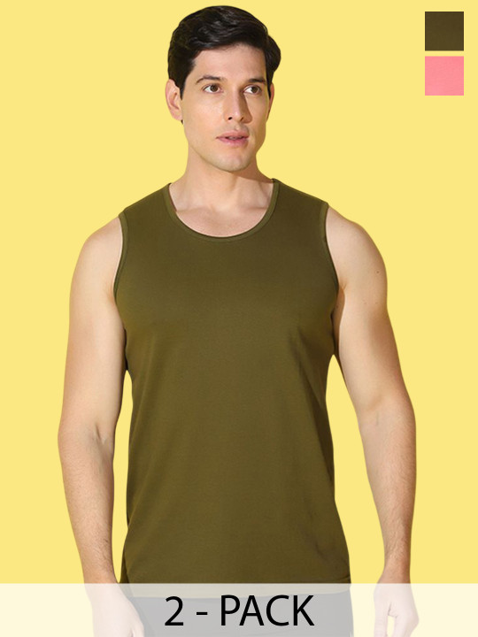 WOOSTRO Pack Of 2 Printed Combed Cotton Gym Vests VWS26(ALONE PEACH)(PLAIN OLIVE)