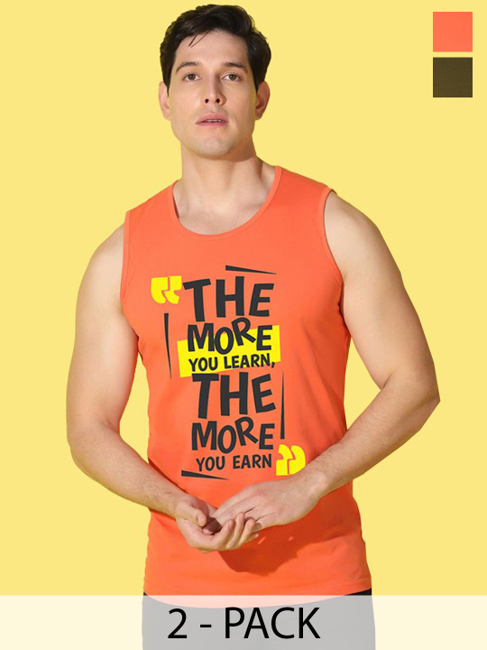 WOOSTRO Pack Of 2 Printed Combo Cotton Innerwear Vests VWS26(MORE ORANGE)(ENJOY OLIVE)