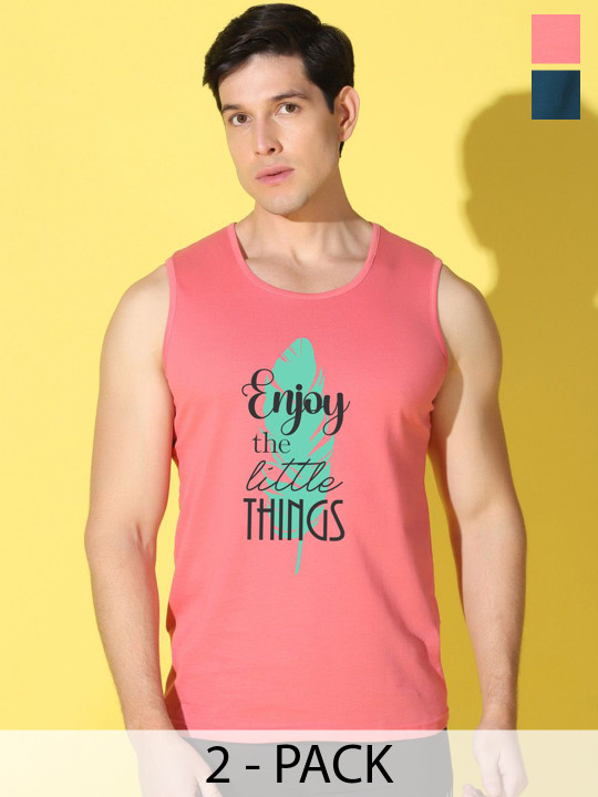 WOOSTRO Pack Of 2 Printed Combo Cotton Innerwear Vests VWS26(ENJOY PEACH)(MORE PEACOCK)