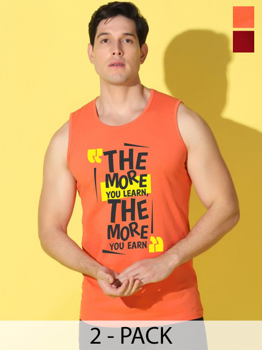 WOOSTRO Pack Of 2 Printed Combo Cotton Innerwear Vests VWS26(MORE ORANGE)(ENJOY MAROON)