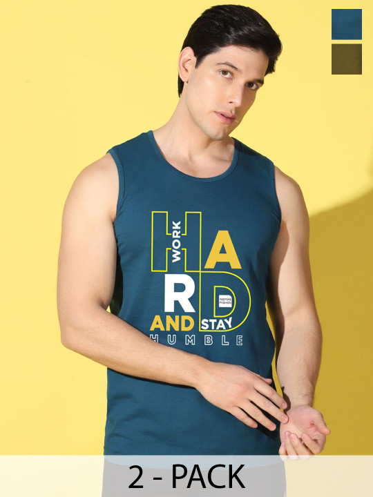 WOOSTRO Pack Of 2 Printed Combo Cotton Scoop Neck Gym Vests VWS26(HARD PEACOCK)(PLAIN OLIV
