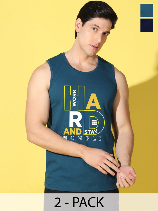 WOOSTRO Pack Of 2 Printed Combo Cotton Scoop Neck Gym Vests VWS26(HARD PEACOCK)(PLAIN NAVY
