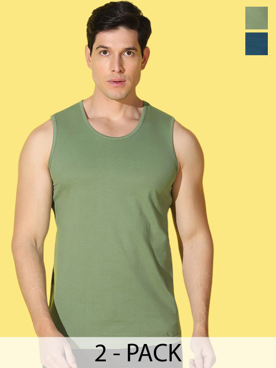 WOOSTRO Pack Of 2 Printed Combo Cotton Innerwear Vests VWS26(MORE PEACOCK)(PLAIN LGTGREEN)