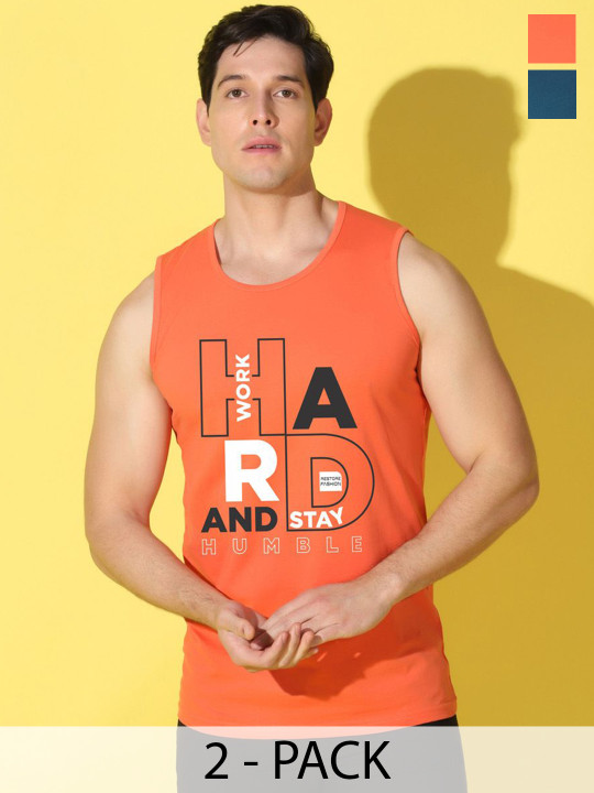 WOOSTRO Pack Of 2 Printed Combo Cotton Innerwear Vests VWS26(HARD ORANGE)(RUN PEACOCK)