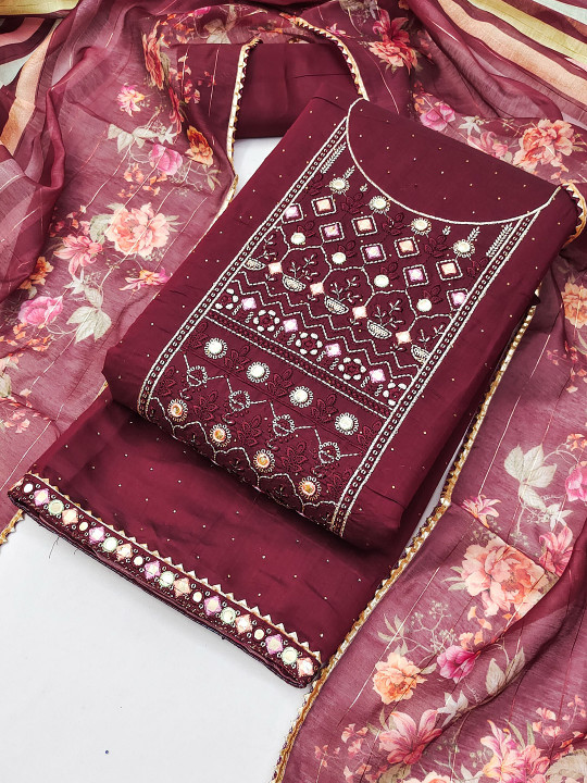 TAVAS Floral Embroidered Mirror Work Unstitched Dress Material
