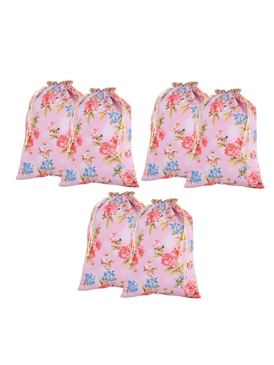 Kuber Industries 6 Pcs Silk Drawstring Digital Flower Print Potli Clutch Pink