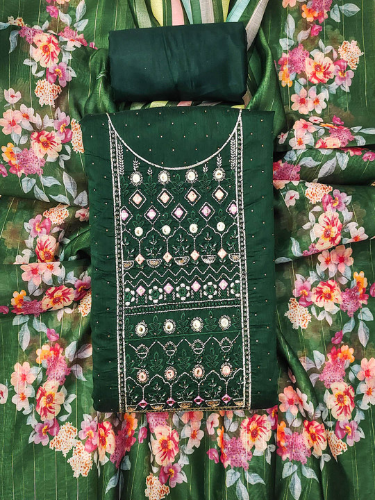 TAVAS Floral Embroidered Mirror Work Unstitched Dress Material